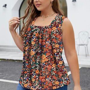 Akewei | Floral Print | Square Neck | Sleeveless | Tank Top | Size L